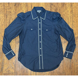 Greyson Anthropologie Navy Jacquard Pearl Snap Puffy Sleeve Western - Size L